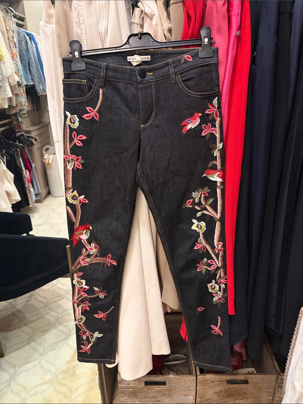 Alice + Olivia Black Skinny Jeans with Pink & Red Embroidered Birds